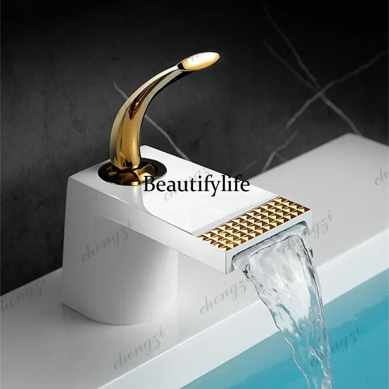 

White Golden Bathroom Faucet Brass Waterfall Bath Basin Faucet Toilet Washbasin Taps Deck Mounted Faucet Hot and Cold Water Tap