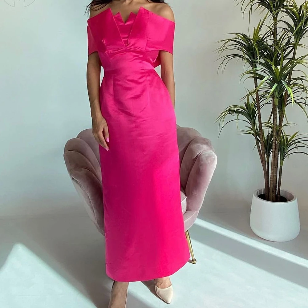 Customized Modern Ankle Length Boat Neck Off the Shoulder Evening Dress Temperament Straight Satin Short Sleeves Party Gown