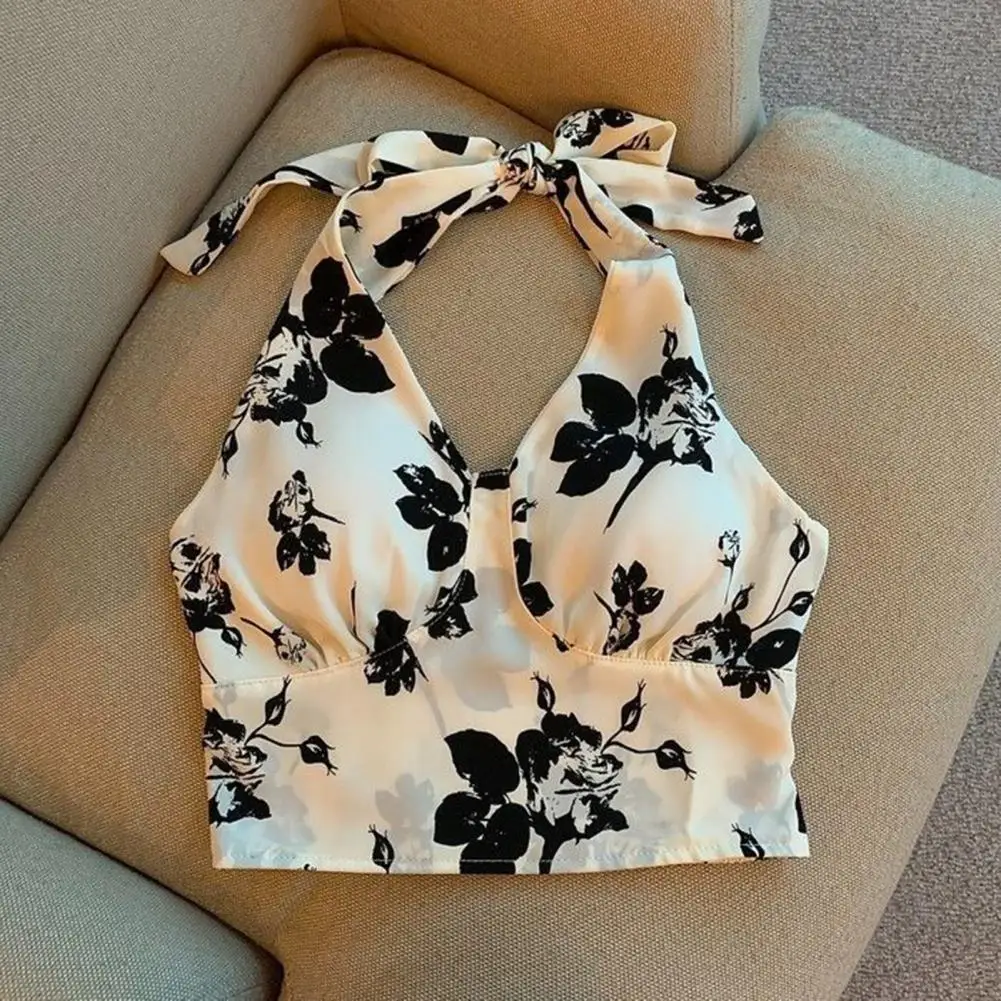 

Halter Neck Tops Floral Print Halter Yoga Vest with Bowknot Lace-up Padded Beauty Back Women's Short Sport Camisole for Active