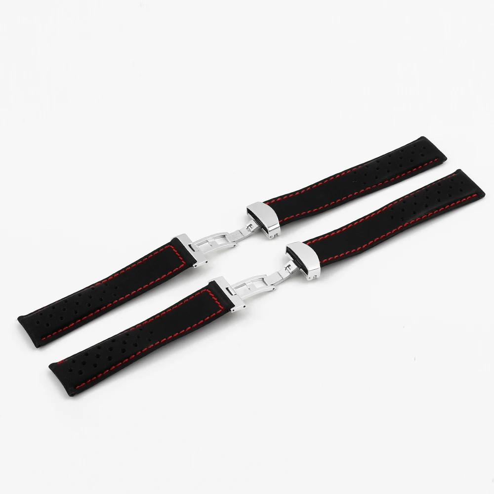 Genuine Leather Black Watchband Breathable Watch Strap Red Stitched 22mm With Stainless Steel Butterfly Buckle Watch Band