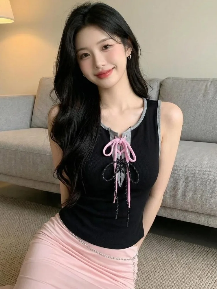 

Sweet Spicy Color Block Belted round Neck Sleeveless Tank Top Women Summer Slimming Versatile Commute Style Knitted mid Waist