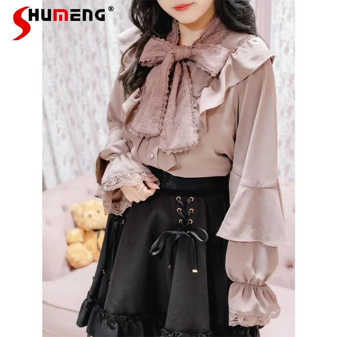 

Mass Production Mine Lolita Ribbon Bow Shirt woman 2024 Spring New Rojita Japanese Style Sweet Long Flare Sleeve Blouse Ladies