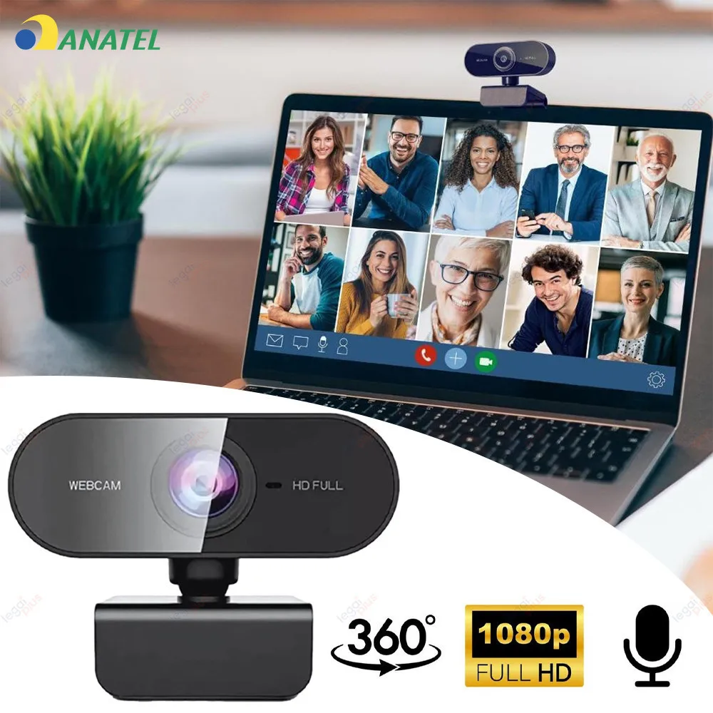 Webcam Full HD 1080p com Microfone Integrado e Rotação 360 ° Plug and Play para PC, Notebook, Home Office e Streaming