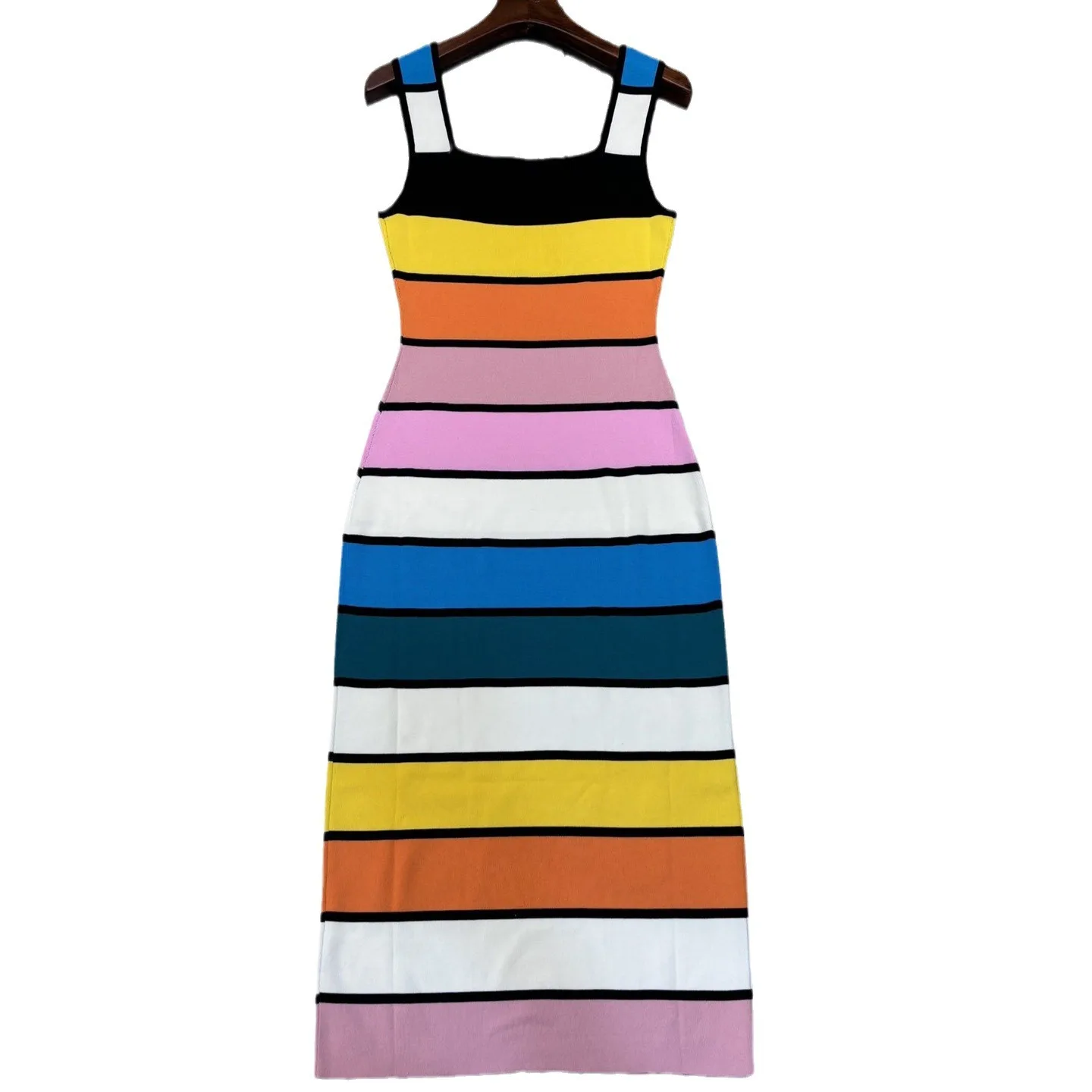 Stylish Sleeveless Women's Dress with Spaghetti Straps, Slim Fit and Color-blocked Stripes, Perfect for Work or Play.