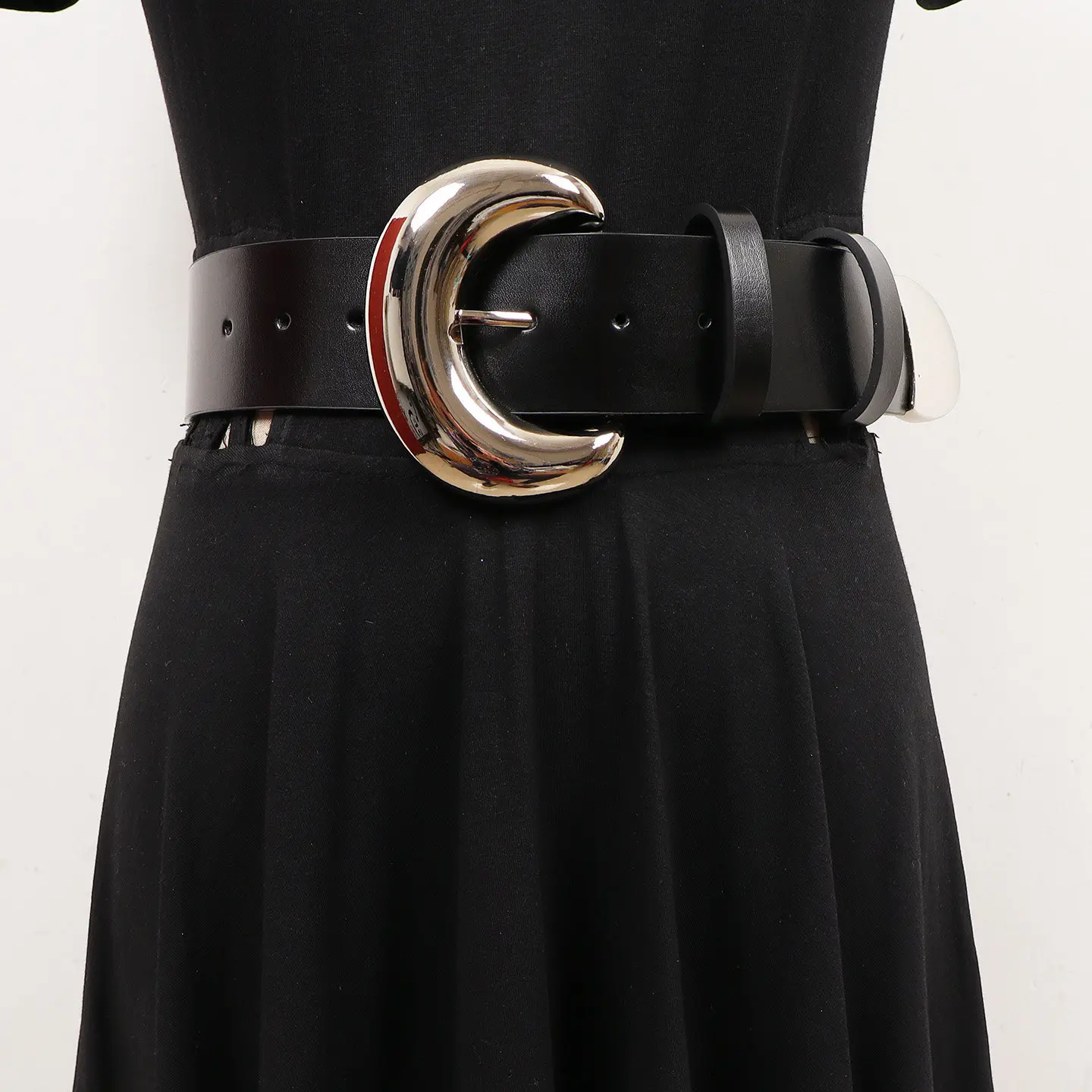 幅46cm-レディース-レトロ-シルバーバックル-ワイドベルト-女性用-牛革-ニードルバックル-おしゃれ-多用途-レザーベルト