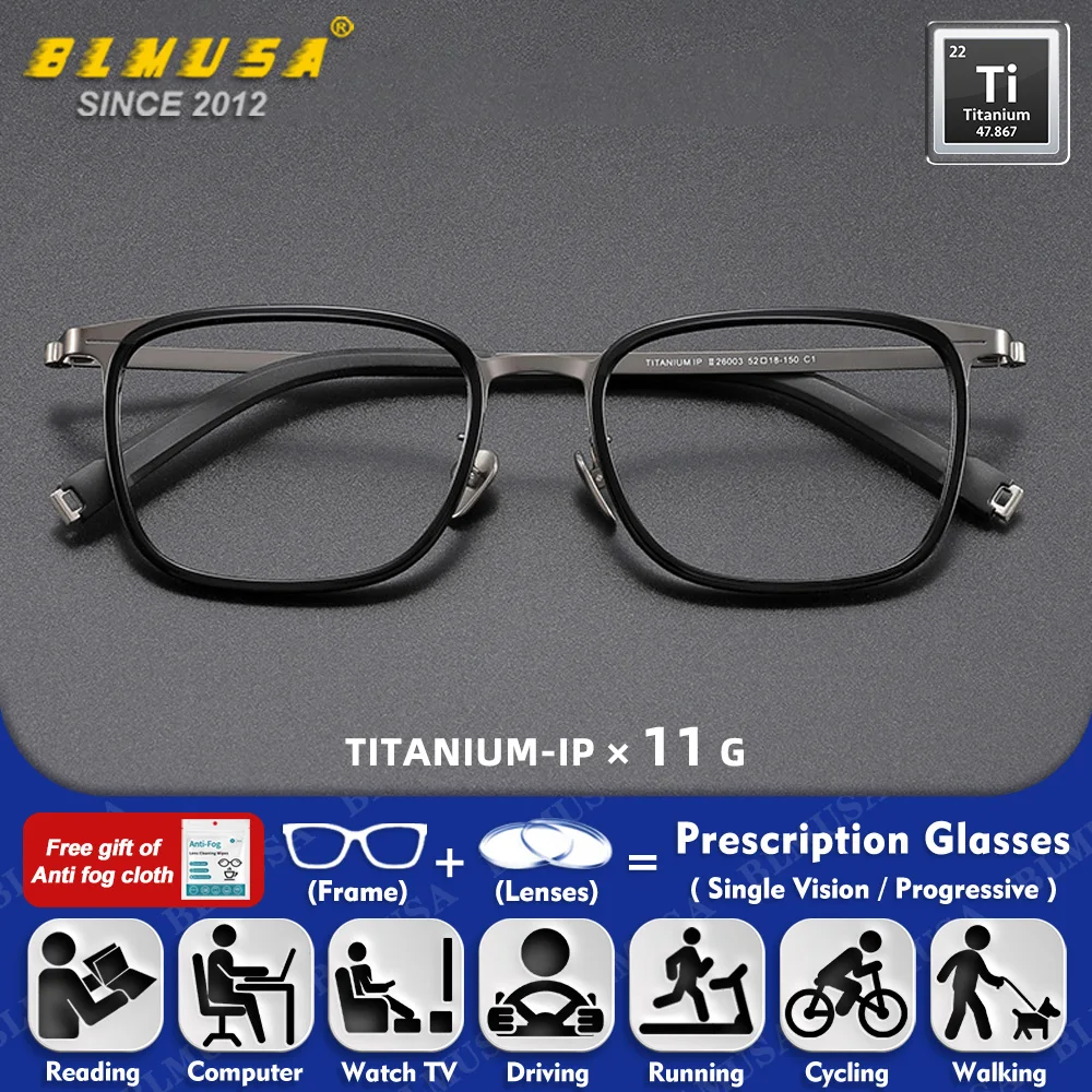 

BLMUSA (M) Classic Ultralight Men Pure Titanium Prescription Reading Glasses Anti Blue Light Square Myopia Hyperopia Eyeglasses