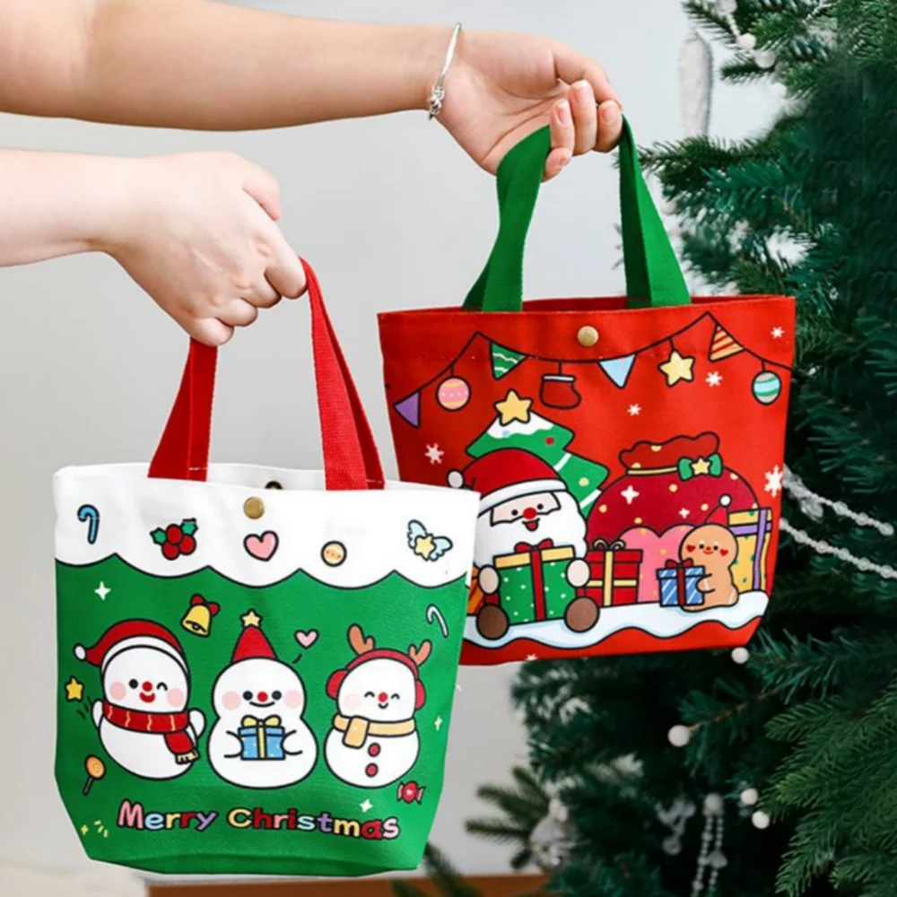 Cute Christmas Gift Bags Cartoon Santa Claus Elk Tote Canvas Bag Christmas Eve Apples Gift Shopping Bag New Year Xmas Handbag