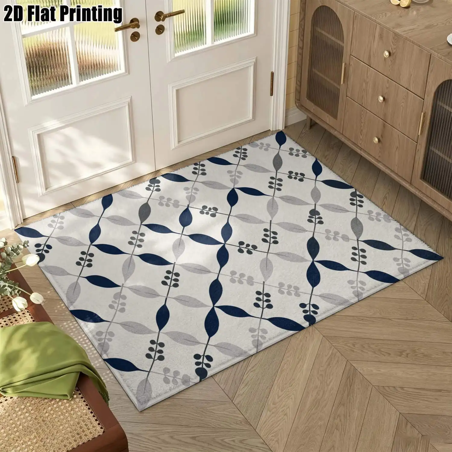 1Pc 2D Printed Carpet: Blue-Gray Geometric Leaf Pattern Nordic/Modern Minimalist/European Style, Machine Washable, Multiple Sizes. Ideal for Entryway, Living Room, Bedroom, Dining Room & Foyer Decor.