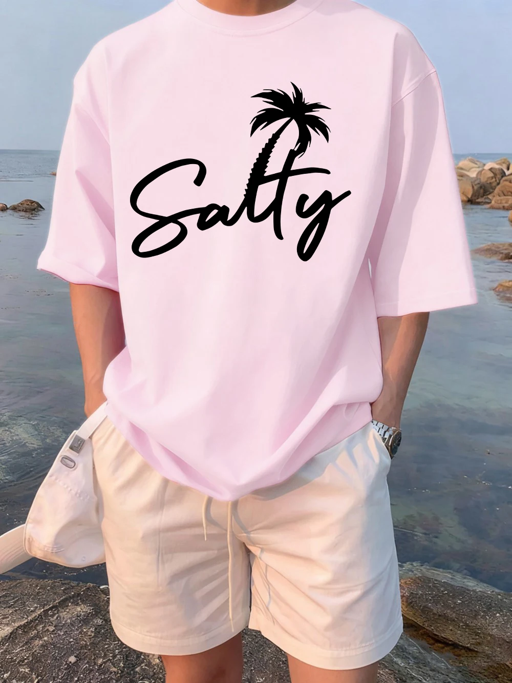 Salty Coconut Tree Creative Word Print Man Soft Team T Shirts All-Match Cotton T-Shirt Casual O-Neck Streetwear Loose Street Top