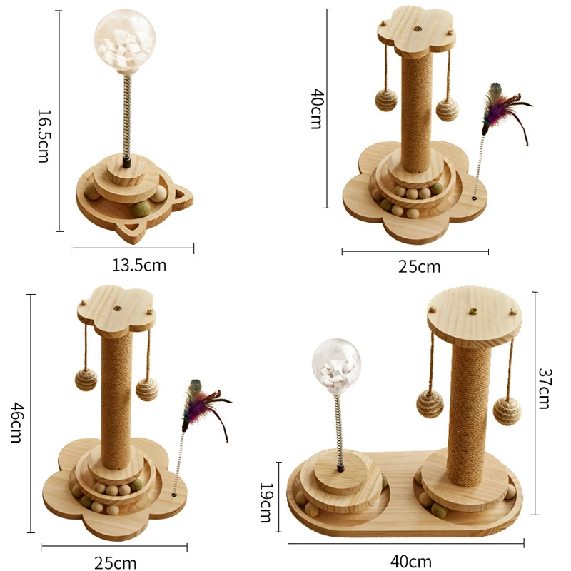 Wooden Pet Cat Toy Tower Funny Cat Stick Balls Sisal Hemp Kitten Scratching Board with Turntable Interactive Balls Accessories