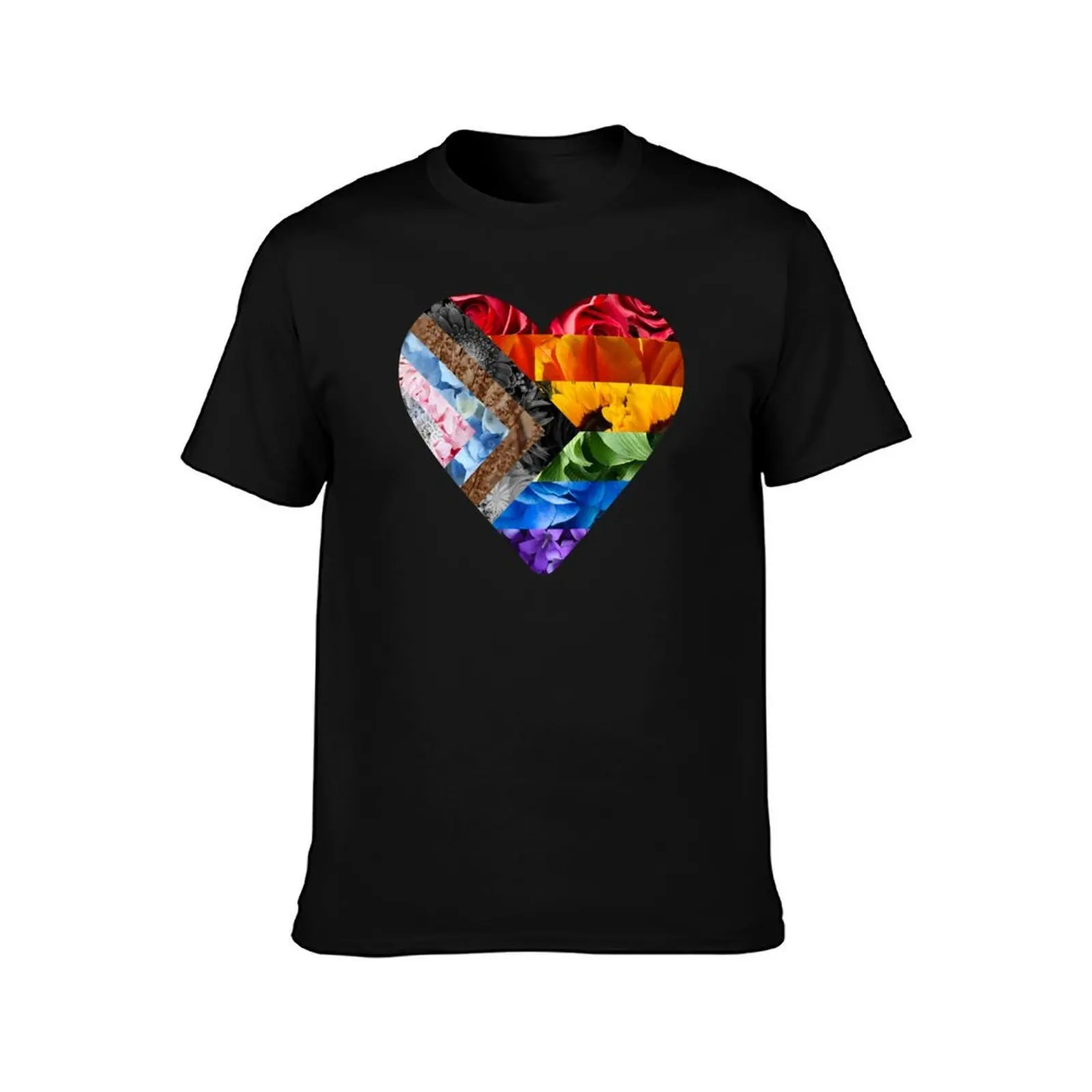 Progress Pride Flag Heart Flowers T-Shirt Work Casual Loose Fit T-Shirt