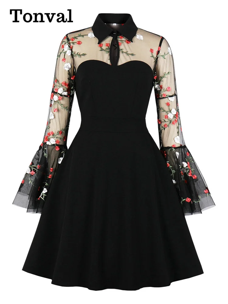 Tonval Floral Embroidered Mesh Long Sleeve Elegant Party Dress Vintage Women Turn-Down Collar Keyhole Black A-Line Mini Dresses