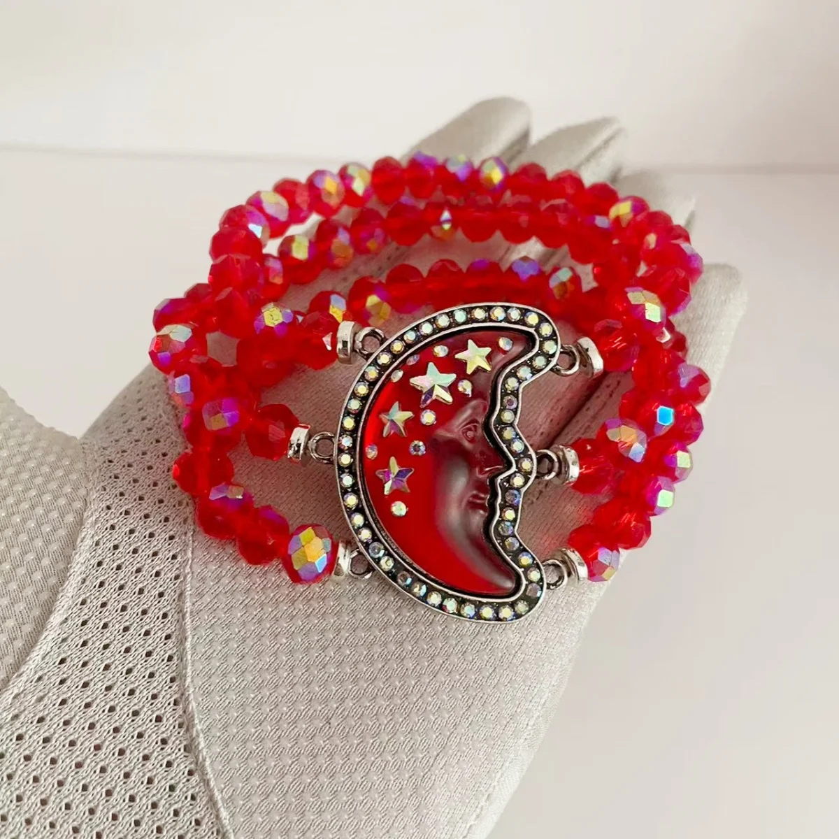 

MITTO FASHION JEWELRIES AND HIGH ACCESSORIES MYSTIC RHINESTONES PAVED MOON FACE GLASS BEADED VINTAGE WOMEN STRANDS BRACELET