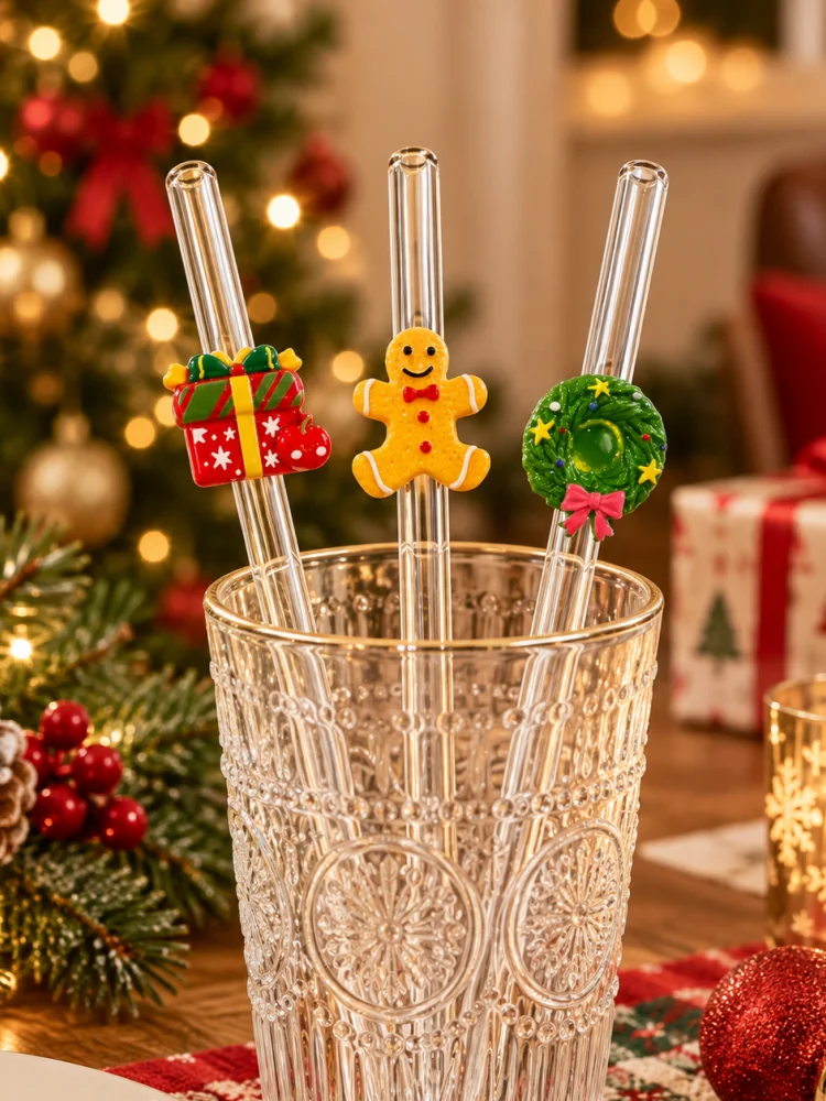 3PCS Christmas Gingerbread Man Wreath Eve Gift Glass Straws Bend Reusable Clear Drinking Straws Coffee Juice Party Gift Xmas