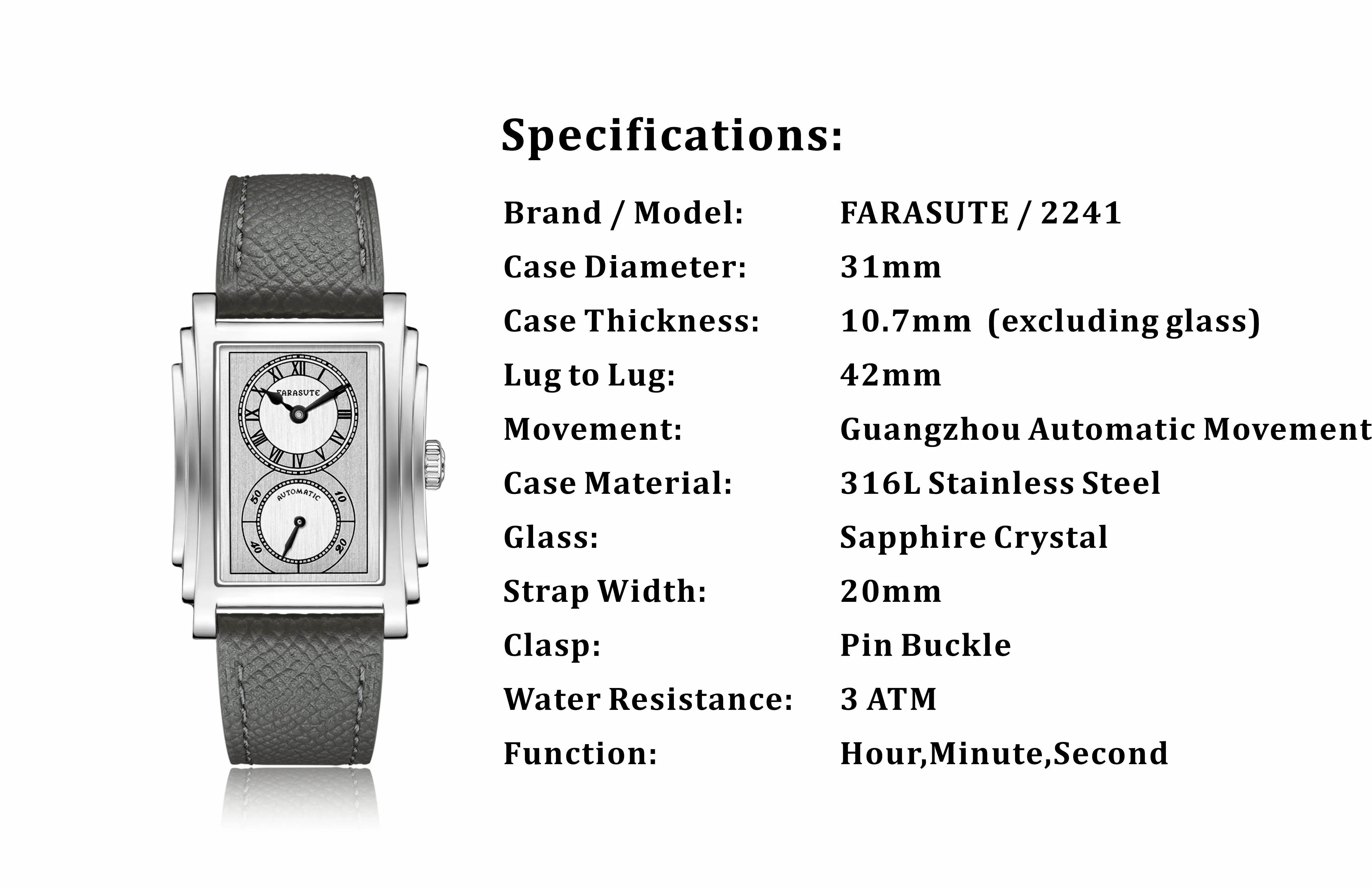 FARASUTE Men Automatic Watch 31MM Luxury Watches Rectangle Mechanical Wristwatch Sapphire Mirror Waterproof Small Second Dial