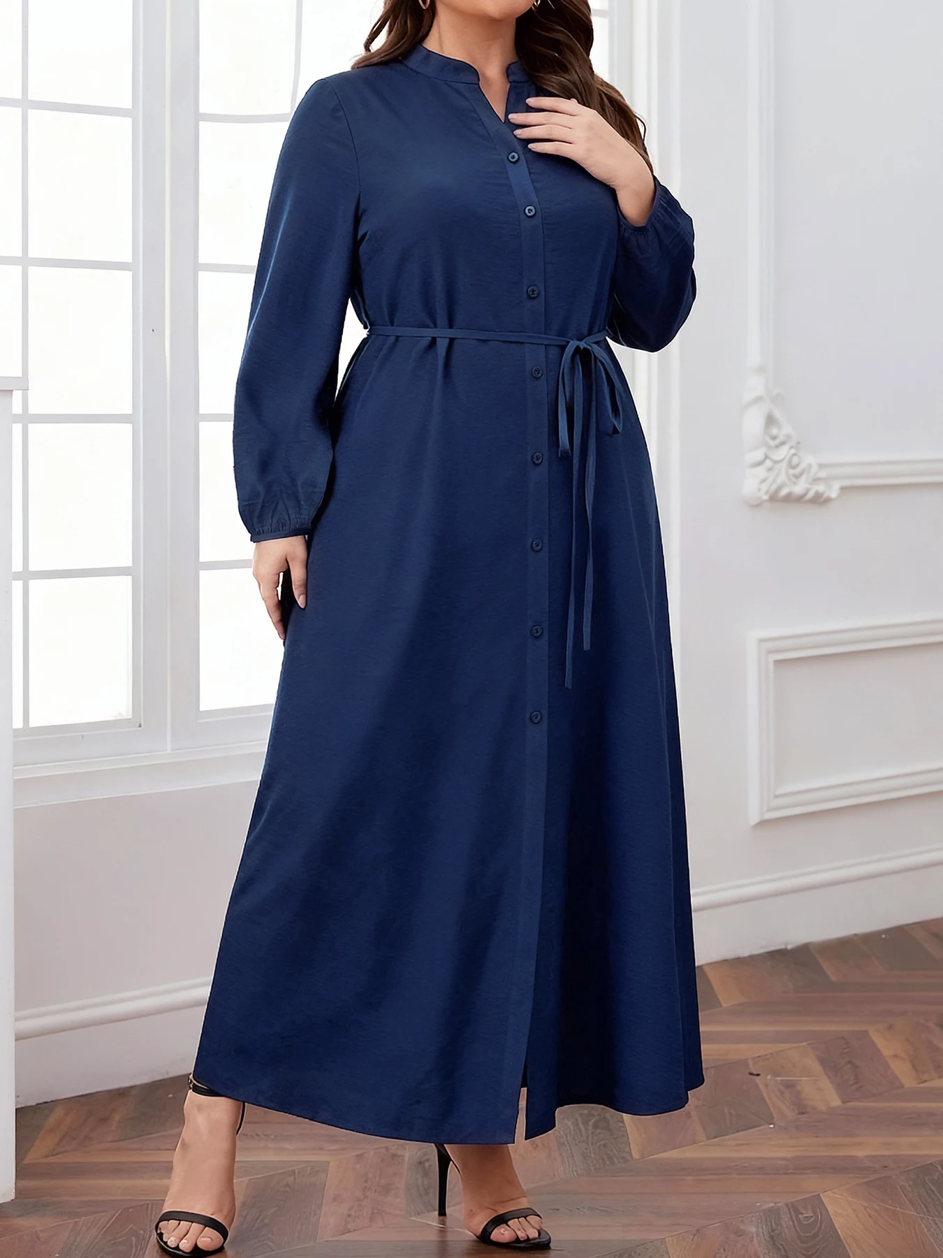 

Plus Size Women's Navy Blue V Neck Buttoned Waist Tie Long Sleeve Tiered Ruffle Maxi Dress Casual Slimming Daily Wear