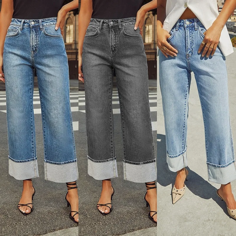 Women Jeans 2024 Autumn Stretch Straight Pants Pockets High Waist Vintage Distressed Denim Ankle Length Trousers Casual Denims