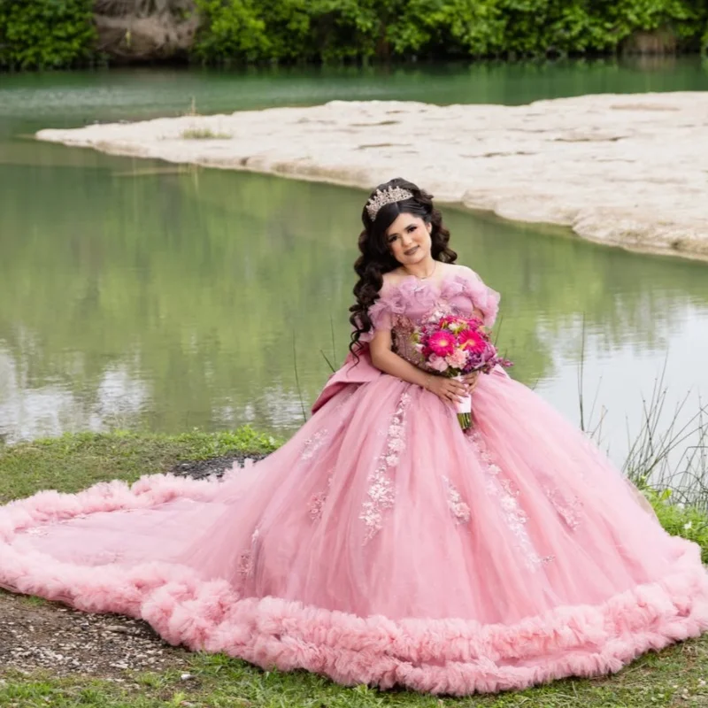 Pink Quinceanera Dress Crystal 3D Flower Decal Long tail off-shoulder Lace Ruffles Bow Vestidos De 15 Quinceanera ﻿Customize