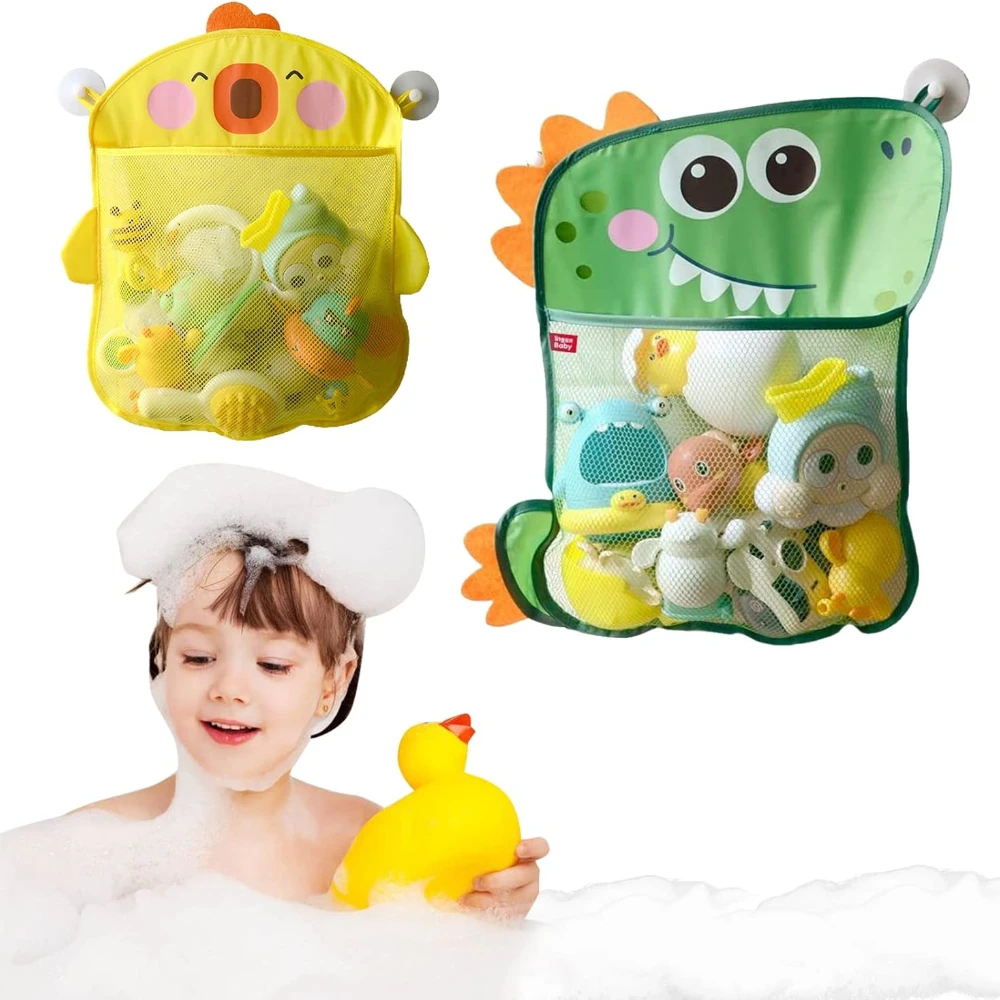 2 Pack Mesh Bath Toy Organizer, Duck & Dinosaur Extra Bath Toy Storage Net & 4 Strong Hooks, Cute Bathtub Toy Organizer for Kids