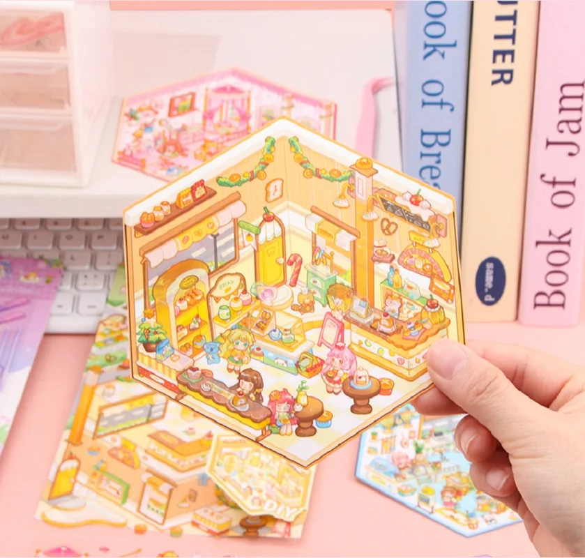 Cartoon Landscape Stickers Cute 3D Miniature House Handmade DIY Decompression Landscape Tent Stickers Painting
