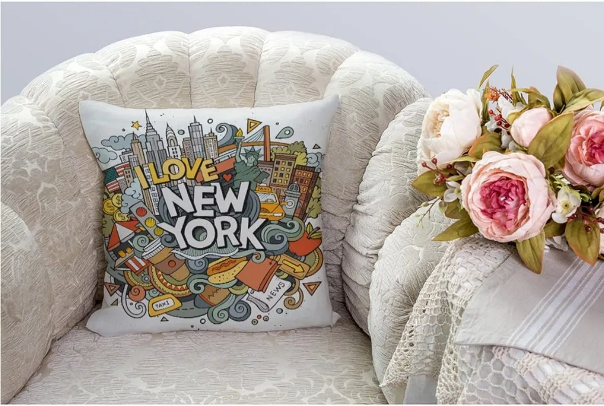 New York Decorative Throw Pillow Cover Case,Cartoon Doodles Inscription American