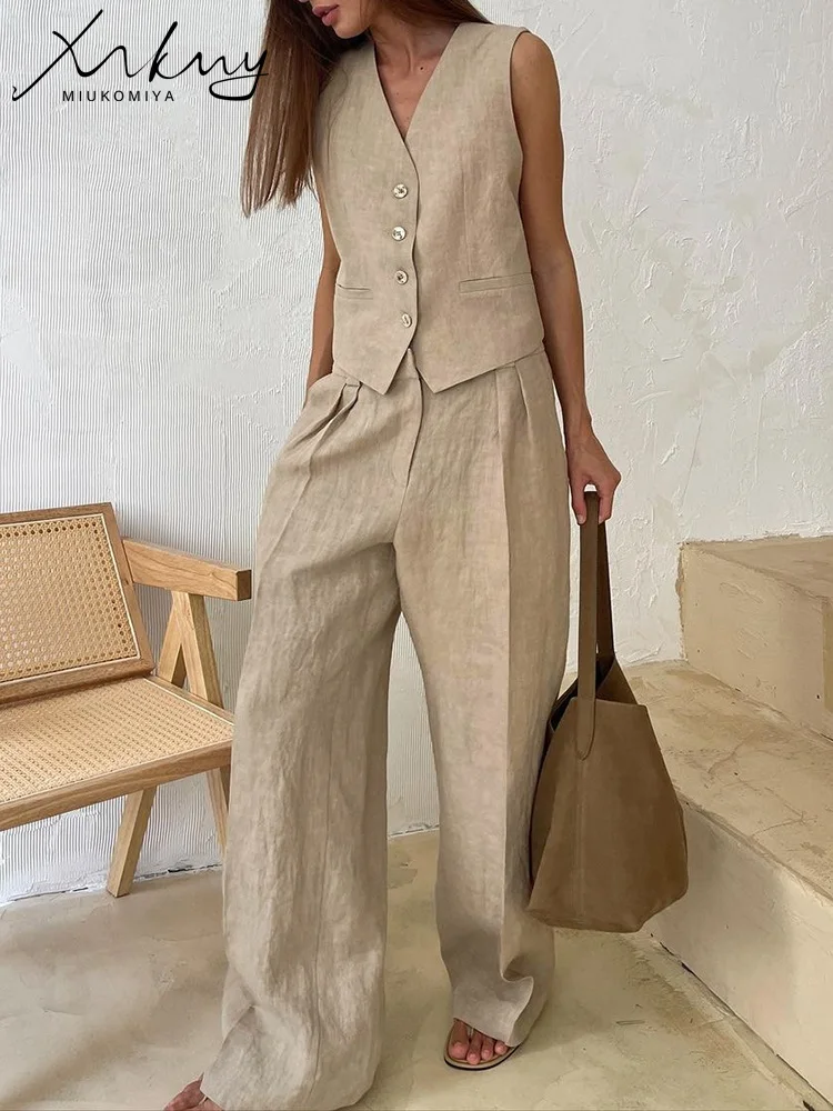 Summer Casual Vest And Pants Set Women Linen Women\'s Suit 2 Piece Set Outfit Summer Linen Suit For Women Wide Leg Pants Vest Set