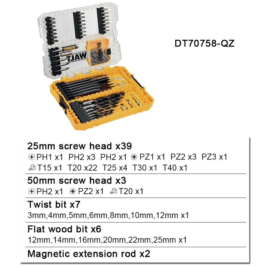 DEWALT DT70758 57 Piece Twist Drill Bit Screwdriver Set Brad Point TORX 57 Piece Woodworking Flat Drill Power Tool Accessories