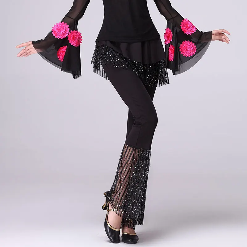 Praktijk Vierkante Moderne Dans Broek Flamenco Ballroom Waltz Pailletten Dance Pant Moderne Stadium Kostuum Voor Vrouwen