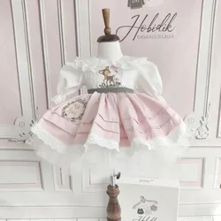 Baby Girl Summer Pink Deer Embroidery Turkish Vintage Lolita Princess Ball Gown Dress for Birthday Holiday Casual Eid  B170