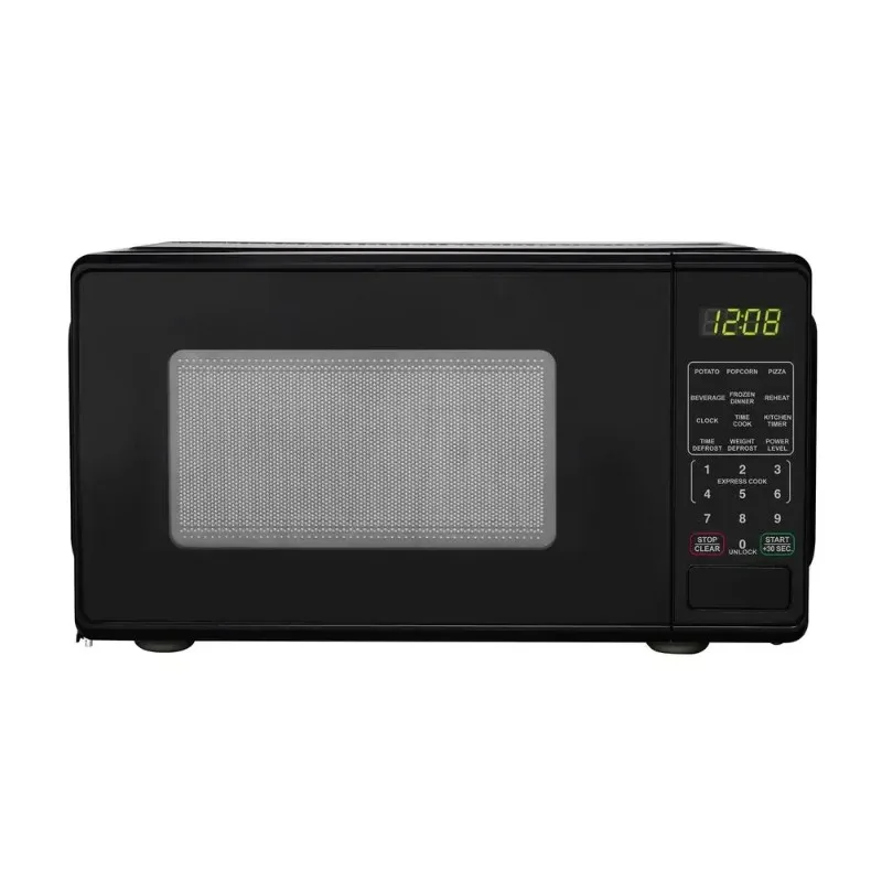 

Compact 0.7 Cu ft 700W Black Countertop Microwave Oven LED Display Timer Clock Defrost Child-Safe Lockout Push-Button Door 10