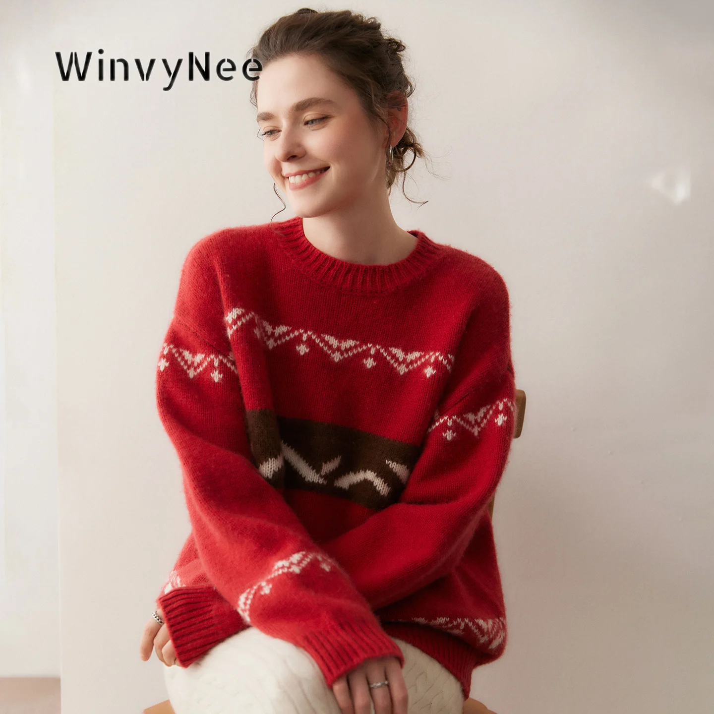 WinvyNee Womens Round Neck Ethnic Jacquard Sweaters Thermal  Wool Oversized Contrast Band Cozy Cold Season Daily Top A1654029