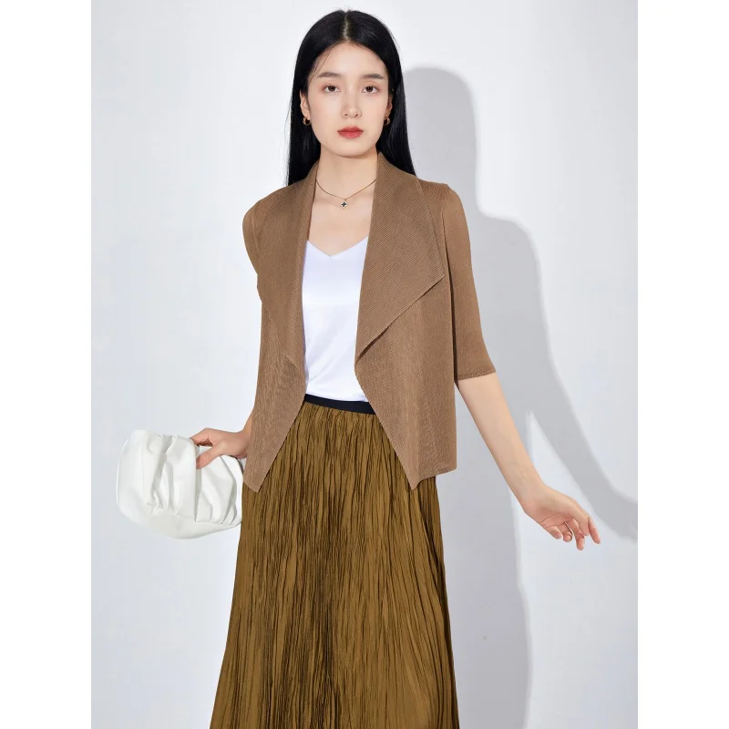 Boutique MIYAKE Style Autumn temperament pleated jacket versatile lapel solid color loose casual high-end feeling [23913]