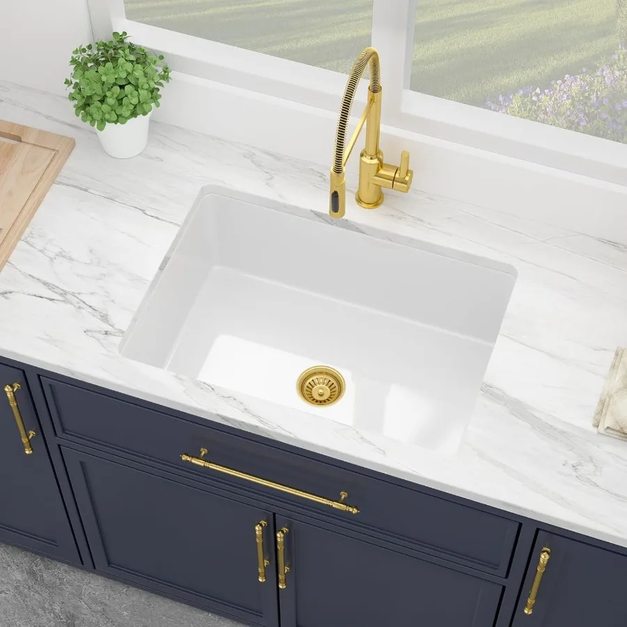 27 Inch White Undermount Sink Fireclay 27x19 Inch Dual Drop in Undermount Kitchen Sink Single Bowl Deep Porcelain Ceramic for M