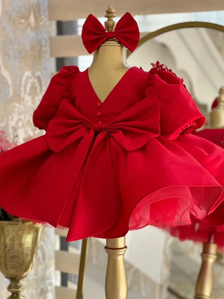 Baby Girl Princess Dress Puff Sleeve Infant Toddler Teen Bow Vestido Red Party Birthday Ball Gown Xmas Baby Clothes 1-12Y