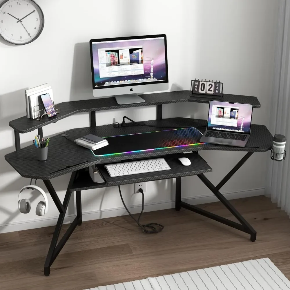 

72" Gaming Desk with Power Outlet & Led Strip, Large Wing-Shaped Computer Desk W Monitor Stand