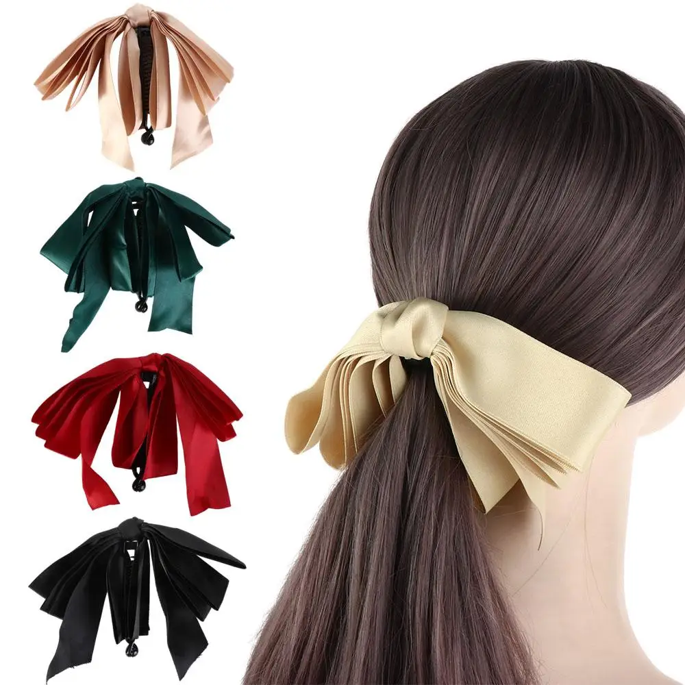 High Ponytail Korean Satin Bow Streamer Banana Clip Vertical Ponytail Clip Twister Headpiece High Ponytail Fix Creative Silmple