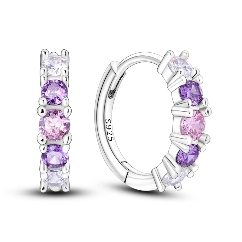 

Серьги из стерлингового серебра 925 пробы, женские розовые и фиолетовые серьги-кольца с цирконием, серьги-кольца для юбилея, свадьбы, подарки