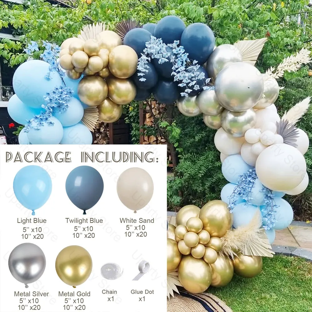 152Pcs Dusty Blue Balloons Garland Metal Gold White Sand Haze Twilight Blue Balloon Arch for Birthday Baby Shower Wedding Decor