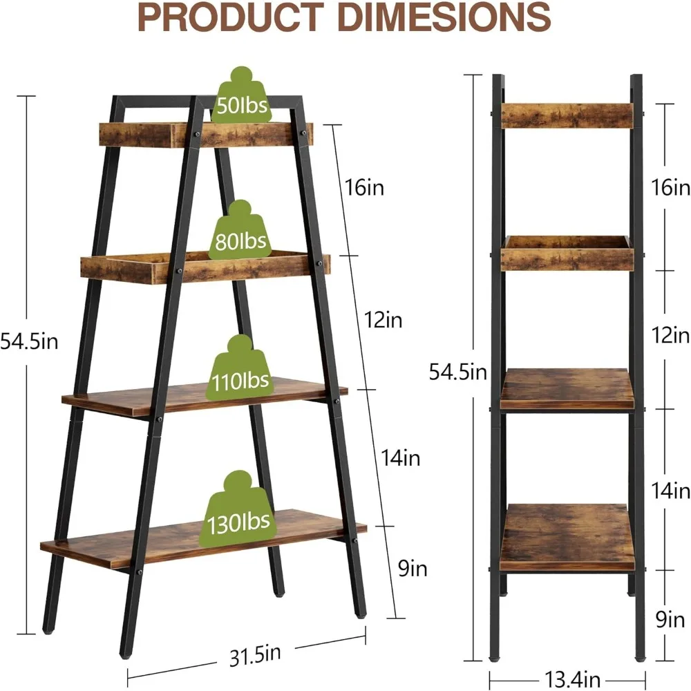 Estante de escada de madeira de 4 camadas com estrutura de metal, bordas fechadas e display aberto para sala de estar, quarto, escritório doméstico em marrom