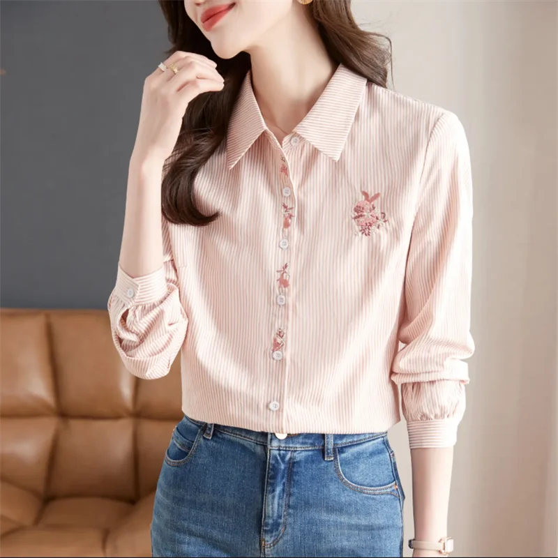 Spring Women Blouses Embroidered Shirt Pink Tops For Woman Clothes Blous Striped Shirt Cardigan Blouses Laple Long Sleeve Shirt