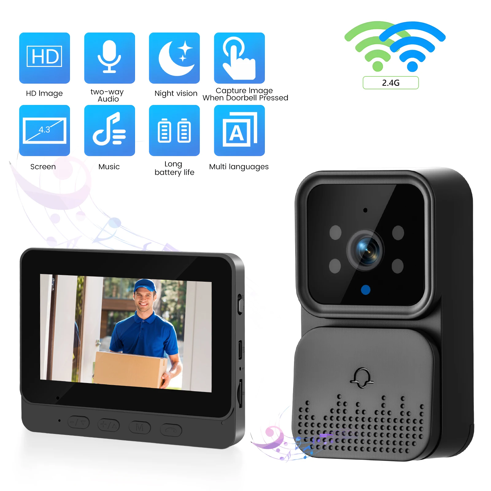 Podofo 4.3 ''جرس الباب ثقب الباب للرؤية الليلية 2-Way فيديو 640*480 شاشة IPS اللاسلكية كاميرا مراقبة الباب دعم 4G الاتصال الداخلي