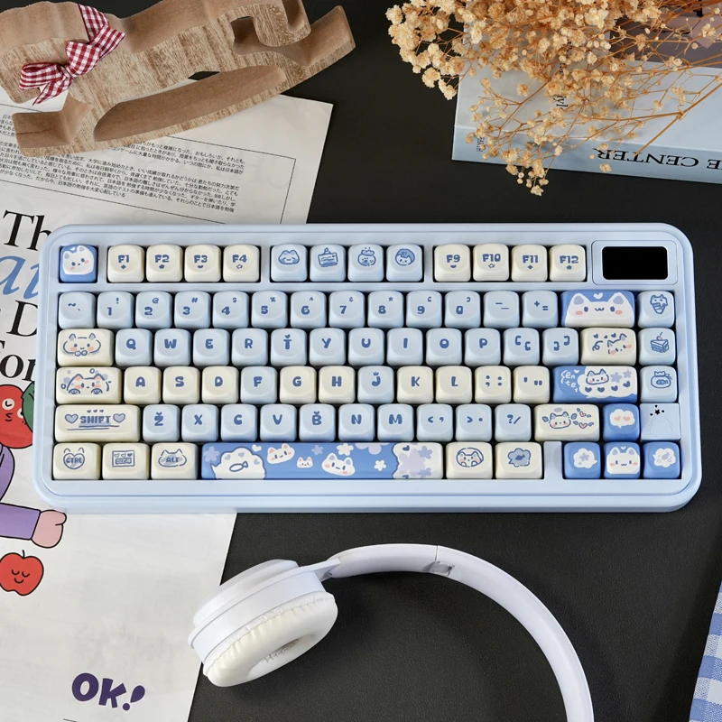 Cute Blue Cat PBT Keycaps Doubleshot MOA Profile key cap Set for 61/68/75/84/87/89/96/98/100/104/108 Layouts Mechanical Keyboard