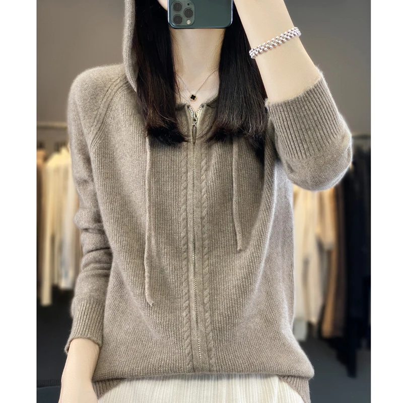 Women 100% Merino Wool Hoodie Cardigan Zipper Long Sleeve Casual Loose Cashmere Sweater Korean Fashion Knitted Coat Female Tops