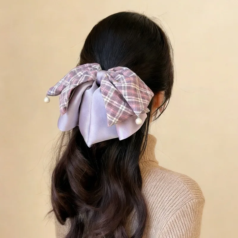 

New Purple Pink Satin Checkered Bow Hair Clips Half Up Ponytail Holder & Back Head Claw Women Sweet Chic Non Slip Gift Choice