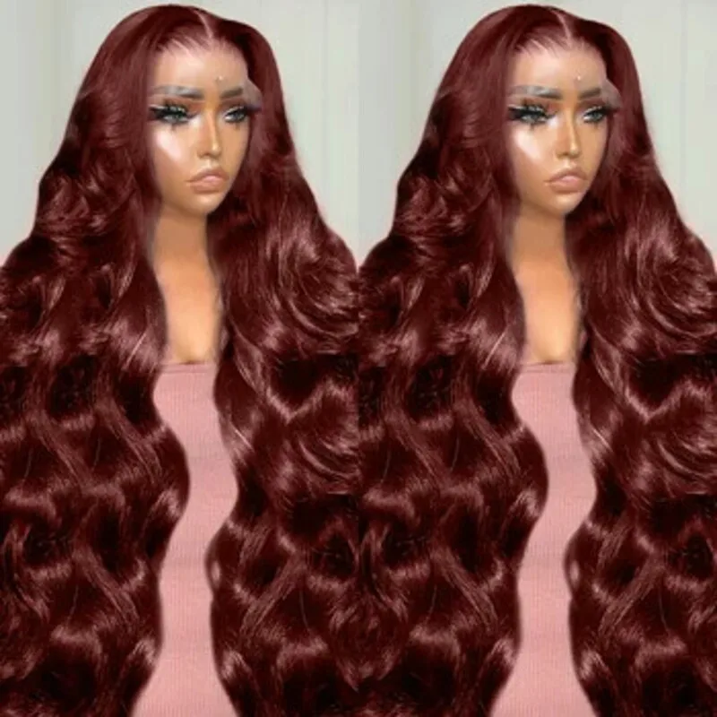 13x6 Reddish Brown Body Wave Lace Frontal Human Hair Wig Lace Front Wig #33 Dark Red Brown Wig Pre Plucked Brazilian Remy Hair