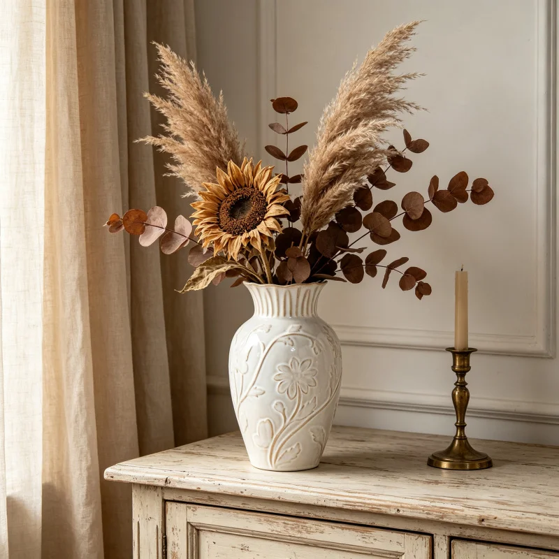 French White Ceramic Vase Living Room Floral Decor Piece Artificial Flower Container Home Decoration