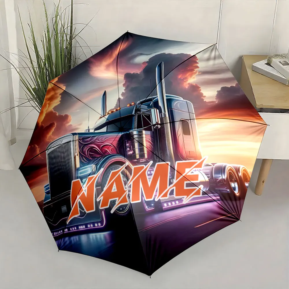 Custom Name Umbrella, Heavy-Duty Truck Graphic with Sunset Sky Backdrop Folding Umbrella for Sunny and Rainy,Gift