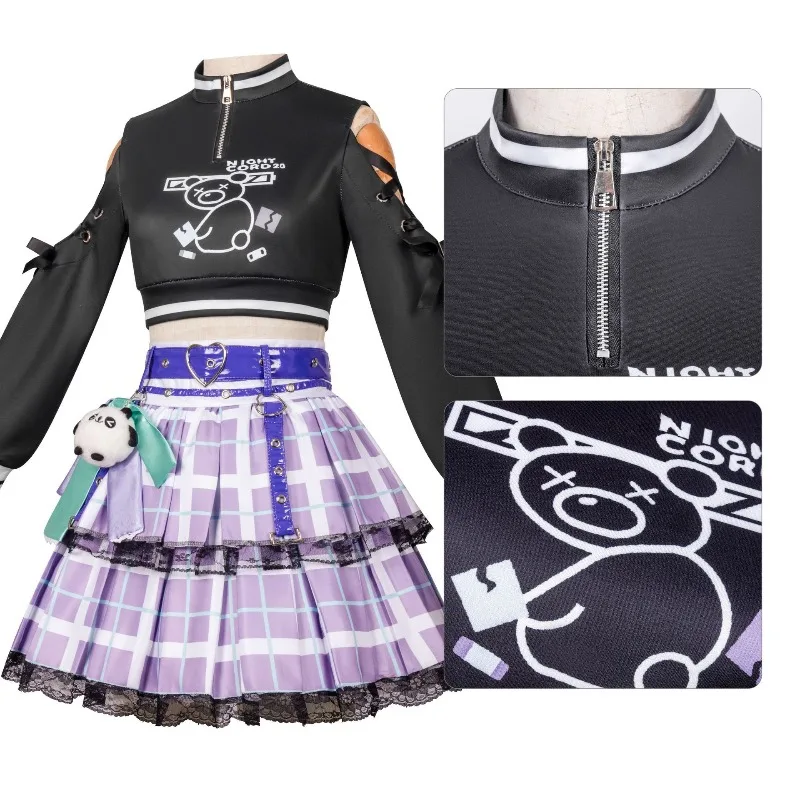 زي تنكري من Game Ena Shinonome بتصميم Y2K باللون الأسود وتنورة أرجوانية مع إكسسوارات مجموعة كاملة للحفلات النسائية