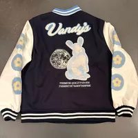 Vandyhpink Flocking Towel Rabbits Flowes Pattern Varsity Baseball Jackets Men Women Hip Hop Patchwork Leather Sleeve VANDY Coat