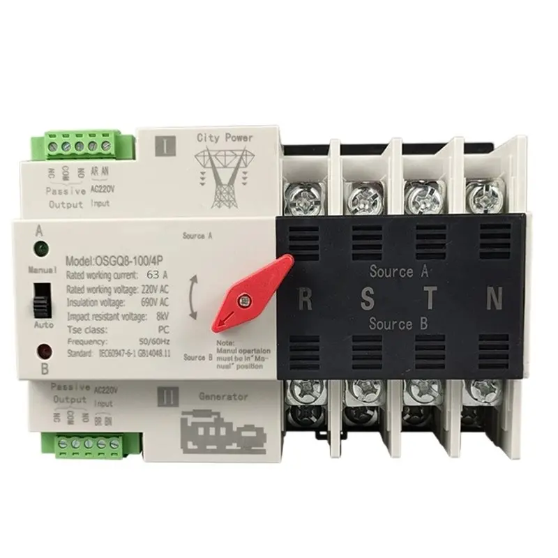 ABUO-63A Din Rail ATS Dual Power Automatic Transfer Switch 4P Uninterrupted Power Generator 50/60Hz EU Plug